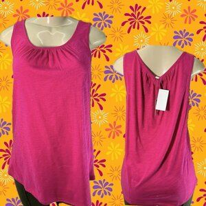 Cupio Blush L Pink Zinnia L Shirred Scoop Neck Curved Hem Cotton Blend Tank Top